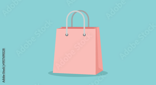 A simple, flat illustration of a pink shopping bag with white handles against a teal background.