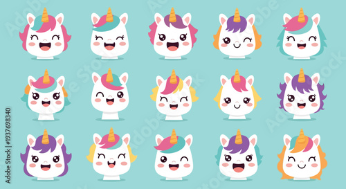A collection of cute, cartoon-style unicorns with colorful manes and happy expressions on a teal background.