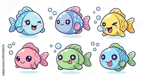 A collection of six adorable, colorful cartoon fish with big eyes and happy expressions, swimming with bubbles.