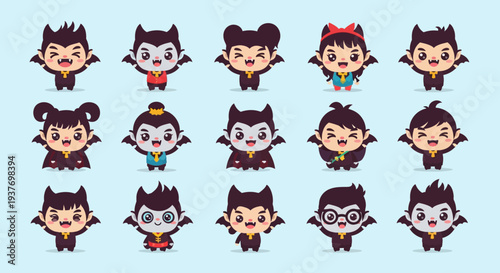 A collection of cute cartoon vampire characters with different hairstyles and outfits, presented against a light blue background.