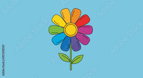 A colorful cartoon flower with rainbow-colored petals, a yellow center, green stem, and leaves, set against a light blue background.