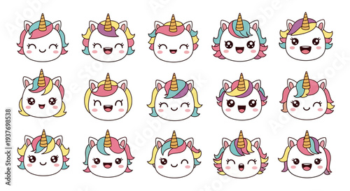 A collection of 15 adorable kawaii unicorn faces with colorful manes and horns, each displaying a unique cute expression.