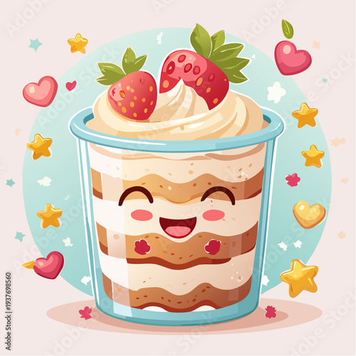 Adorable strawberry parfait illustration, a sweet layered creamy dessert with a cheerful face, surrounded by charming hearts and stars