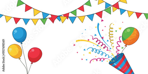 Festive Celebration Vector Background with Colorful Bunting Garlands, Party Popper, Confetti, and Balloons for Birthdays, Graduations, Anniversaries, and Holiday Event Invitations
