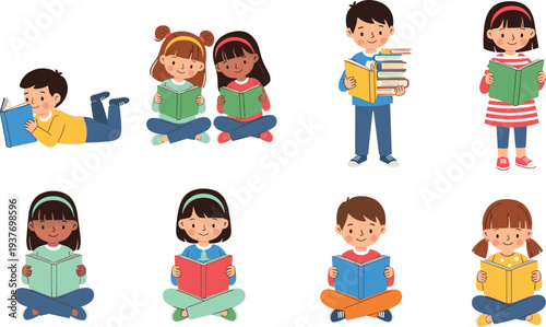 Cute children reading books collection, happy kids studying and learning together, colorful cartoon student characters isolated, education concept for school, library, and literacy activities