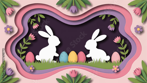 Two white easter bunnies facing each other on grass with colorful eggs and flowers on a pink background