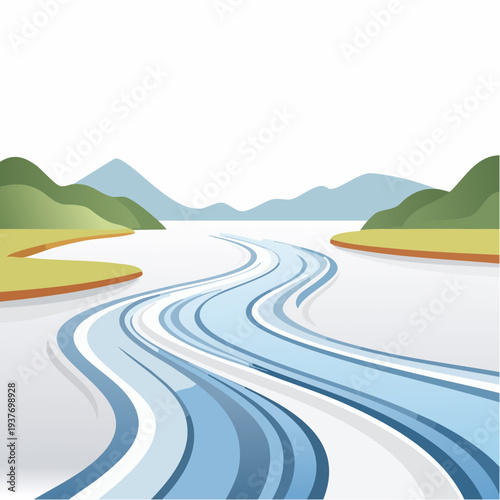 Serene Blue River Winding Through Green Hills and Distant Mountains on a Clear Day Vector Illustration