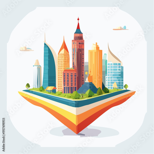 Vibrant cityscape illustration depicting modern skyscrapers on a floating island