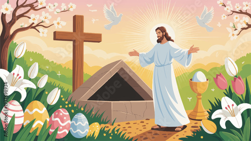 Easter resurrection scene with jesus christ standing beside an empty tomb surrounded by easter eggs flowers and a cross in a serene landscape