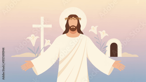 Jesus christ standing with open arms in front of a cross and tomb on a serene landscape with a pastel sky