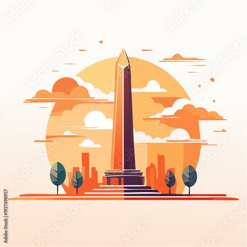Vector illustration of a majestic central city monument under an epic twilight sky, an iconic journey concept