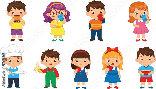 Cute kids eating and drinking cartoon characters set including children with burger, banana, apple, juice and chef kid illustration about healthy food and childhood nutrition