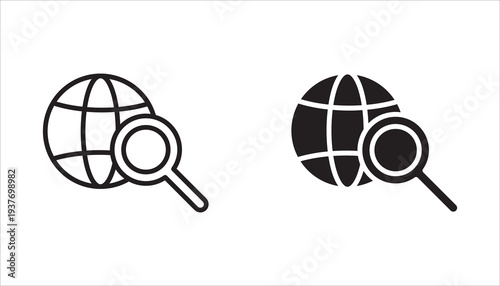 Icon set: Globe with magnifying glass, linear icons. Internet search, web browsing, or global discovery. Lines with editable lines.