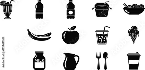 Food and Drink Black Silhouette Icon Set with Smoothie, Soda Bottle, Noodles, Banana, Apple, Milk and Coffee Symbols for Menu Design