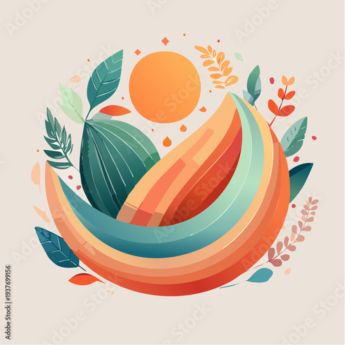 Vibrant and abstract illustration of a refreshing fruit slice surrounded by lush botanical elements, evoking natural freshness and organic beauty