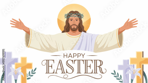 Jesus christ with outstretched arms and easter crosses symbolizing hope and resurrection on a white background with pastel colors