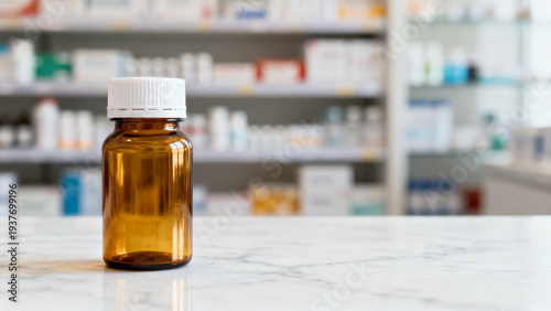 Medicine bottle brown glass in pharmacy drugstore on countertop