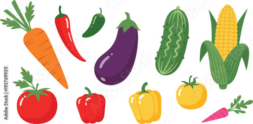 Fresh Organic Vegetable Vector Collection Featuring Carrot Tomato Corn Eggplant and Peppers for Healthy Eating Cooking Recipes Grocery Store and Farm Market Digital Designs