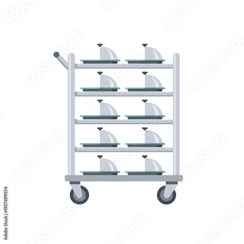 Hospital food serving cart with covered dishes on multiple tiers