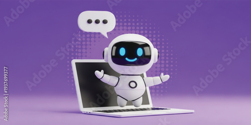 Friendly AI Chatbot Robot Emerging from Laptop with Speech Bubble, Artificial Intelligence Virtual Assistant for Online Support and Digital Communication Concept