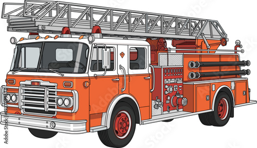 Detailed fire truck with ladder illustration showing emergency rescue vehicle, firefighting equipment and classic fire engine design for safety, emergency services and transport graphics