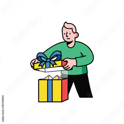 Man holding gift boxes with one opened and another stacked underneath