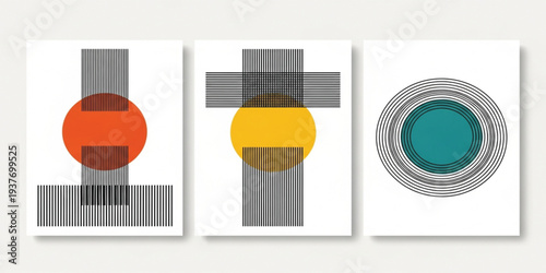 Geometric Abstract Wall Art Set with Bold Circles and Linear Stripe Patterns, Modern Minimalist Vector Illustration for Contemporary Posters and Interior Decor