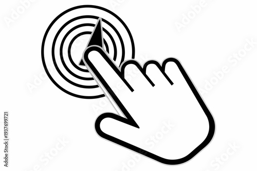 A hand icon clicking on a target symbol with concentric circles in a flat design style