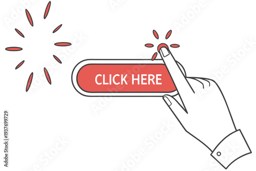 A hand pointing to a red click here button with a starburst design