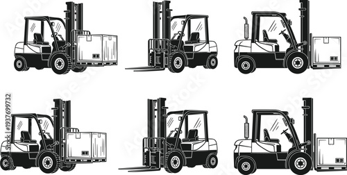 Forklift truck working positions set with cargo pallet handling, warehouse logistics vehicle illustration collection, industrial material lifting equipment isolated on white background