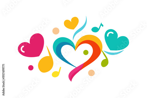 A colorful vector graphic of hearts and music notes in a playful design
