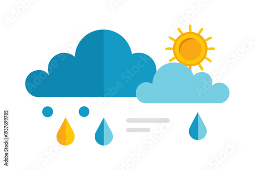 A colorful vector graphic illustrating a weather forecast with clouds, sun, and raindrops