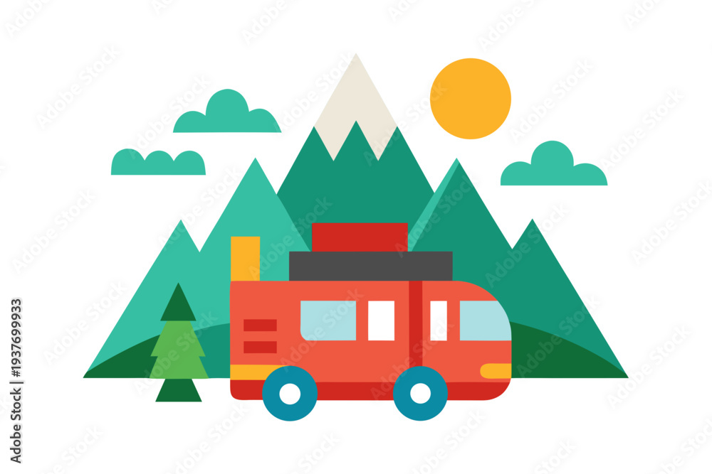 Naklejka premium A colorful vector graphic of a red camper van in front of a mountain range with trees and a sun