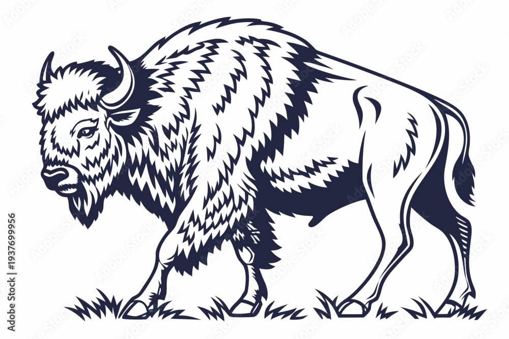 Fototapeta premium A black and white illustration of a bison standing in a field of grass