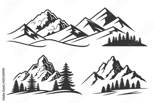 A minimalist black and white vector graphic illustration of mountain ranges with pine trees