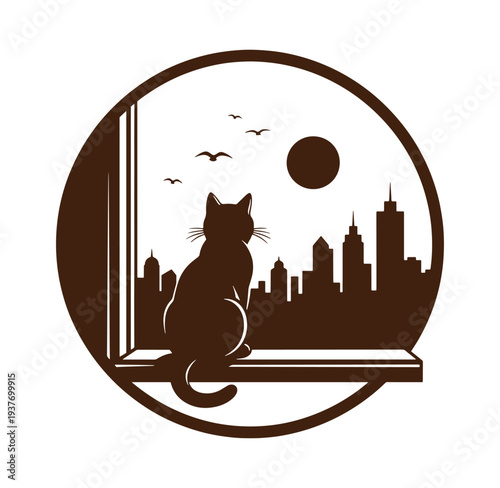 cat sitting on windowsill looking out at city skyline and birds flying