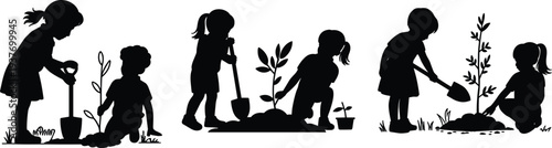 Kids gardening silhouettes planting trees and flowers, children planting plants outdoor nature activity illustration set