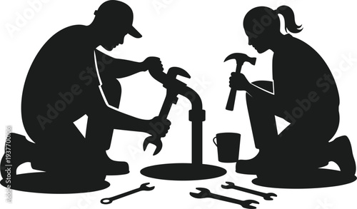 Male and female construction workers repairing pipe with tools silhouettes, teamwork industrial labor jobsite illustration set