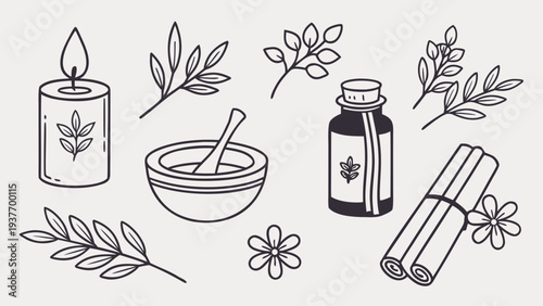Aromatherapy objects feature a lit candle, essential oil bottle, mortar and pestle, and cinnamon sticks.