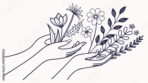 Two cupped hands gently cradle a collection of delicate blooming wildflowers and assorted leafy stems.