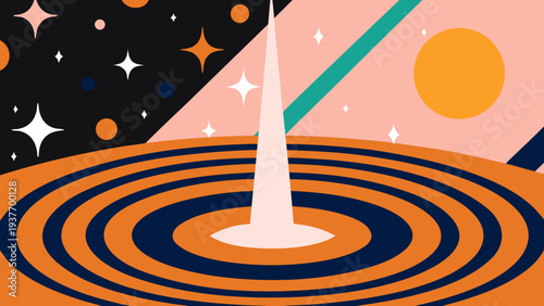 Abstract cosmic event shows a bright white energy beam emerging from an orange and dark blue swirling.