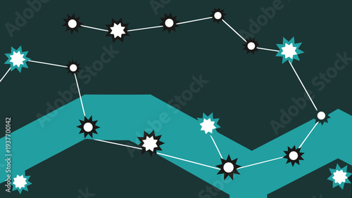 Connecting white star points form constellations over dark teal abstract shapes in the sky.