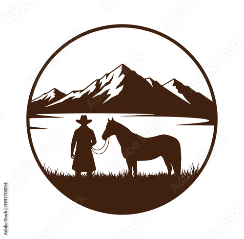 Cowboy standing with horse in front of mountain lake landscape