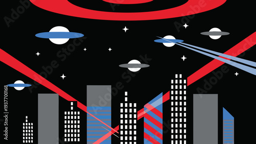 Flying saucers attack dark city skyscrapers with bright red energy beams at night.