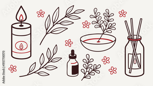 Aromatic spa elements including a lit candle, diffuser, and essential oil dropper are illustrated softly.