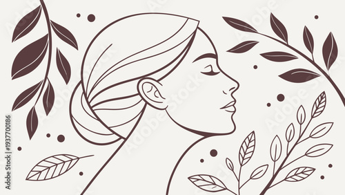 Profile of a serene woman with hair in a bun surrounded by dark brown botanical line art elements.