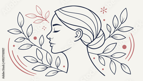 Outline portrait of a woman with closed eyes framed by delicate leaves and subtle red decorative accents.