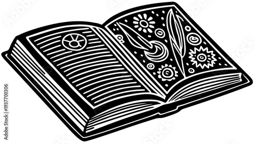 Intricately decorated open book features floral and gear patterns on its illuminated right page.