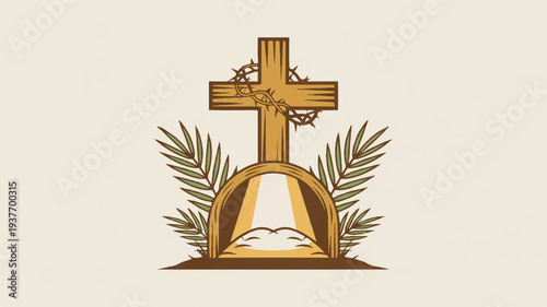 Golden cross with crown and palm leaves on a beige background symbolizing faith and spirituality