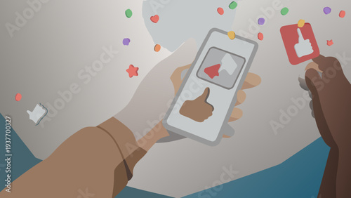 Frustrated user interacting with social media on smartphone surrounded by dislikes and likes symbolizing online engagement and criticism